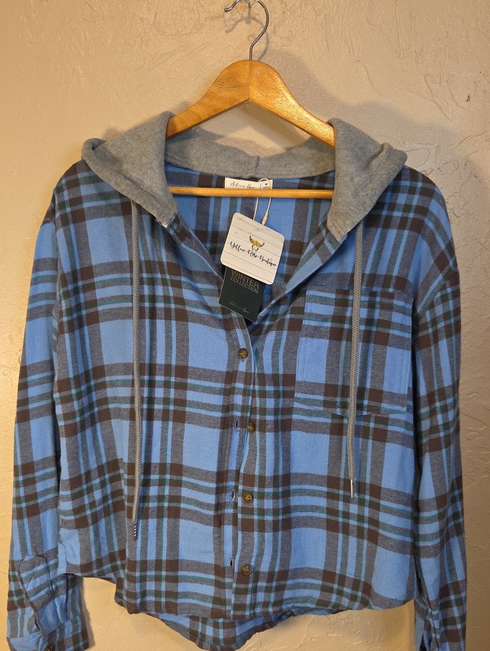Active USA Blue and Black Plaid Hooded Shirt Size Medium